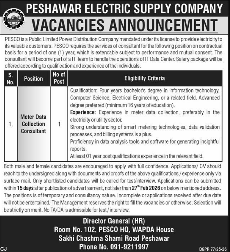 Peshawar Electric Supply Company PESCO Apply Jobs 2026