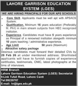 Lahore Garrison Education System LGES Apply Jobs 2026