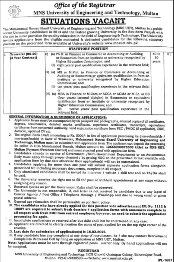 MNS University Of Engineering And Technology Multan Jobs 2026