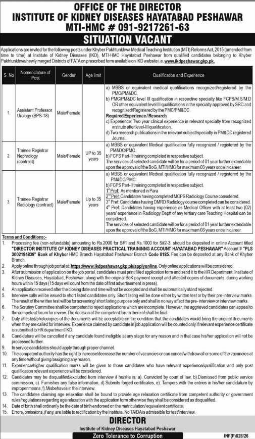 Karachi Institute Of Kidney Diseases Peshawar Jobs 2026