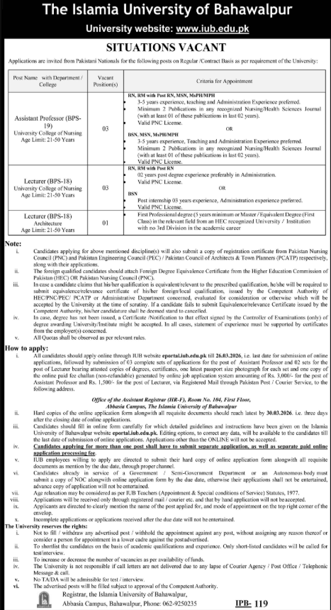 The Islamia University Of Bahawalpur Jobs 2026
