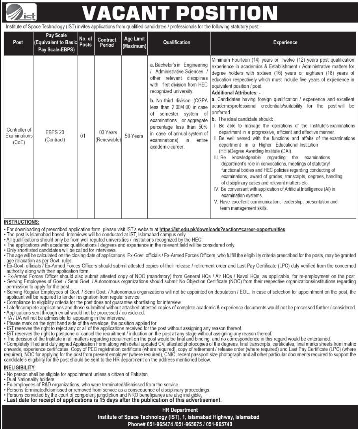 Institute Of Space Technology IST Islamabad Jobs 2026