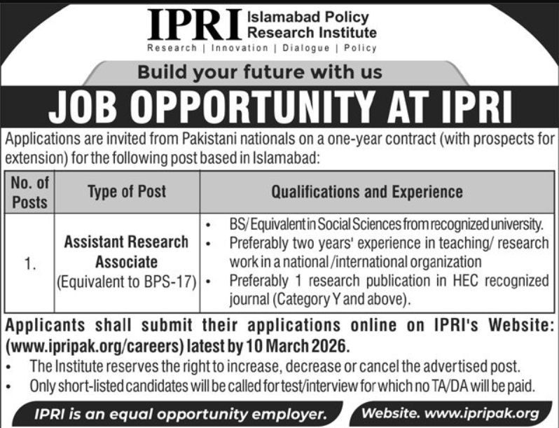 Islamabad Policy Research Institute IPRI Jobs 2026