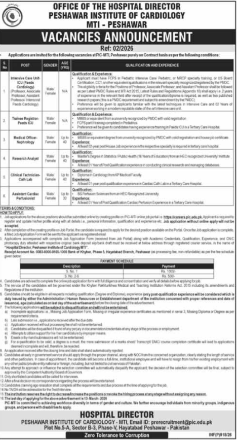 Peshawar Institute Of Cardiology PIC Peshawar Jobs 2026
